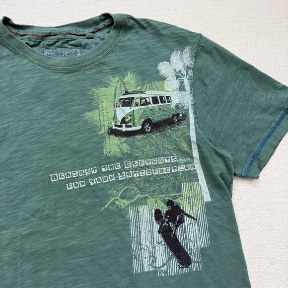 Mantaray Mens Green Graphic T-Shirt Small VW Van Surf Scene Embroidered Tee - Picture 2 of 5